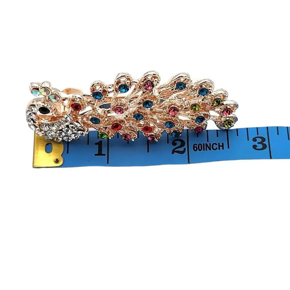 Peacock Colorful Rhinestone Rose Gold Tone Womens Girls Hair Clip - Picture 3 of 10